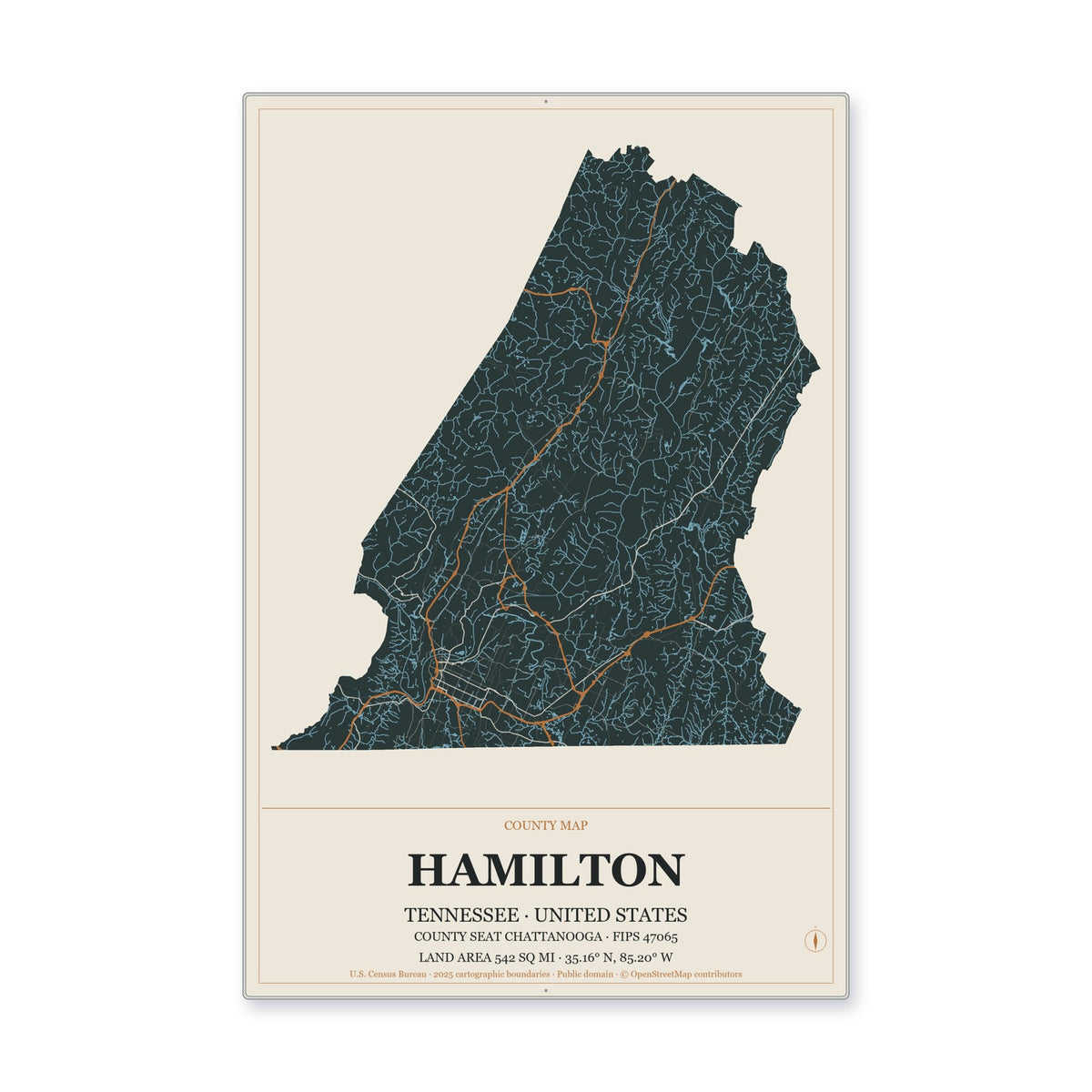 Hamilton County, Tennessee Map Aluminum Sign in Headline Atlas style