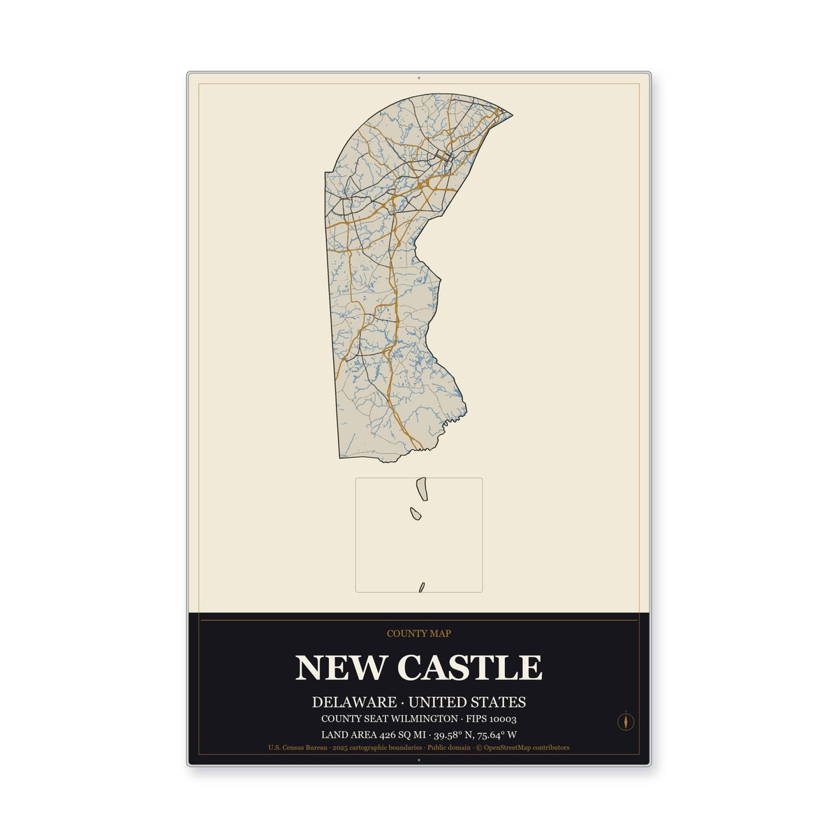 New Castle County, Delaware Map Aluminum Sign in Museum Plaque style