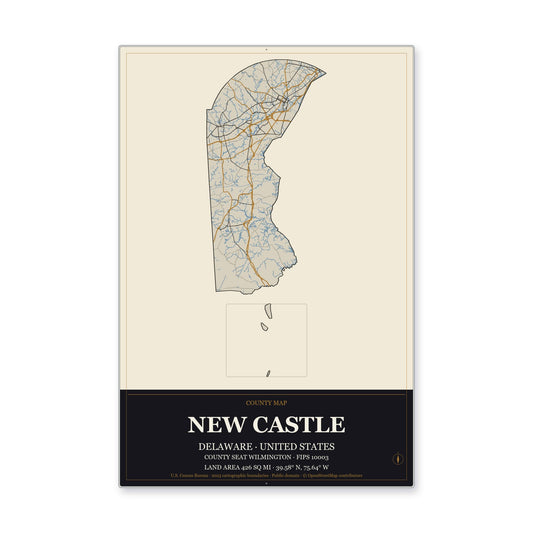 New Castle County, Delaware Map Aluminum Sign in Museum Plaque style