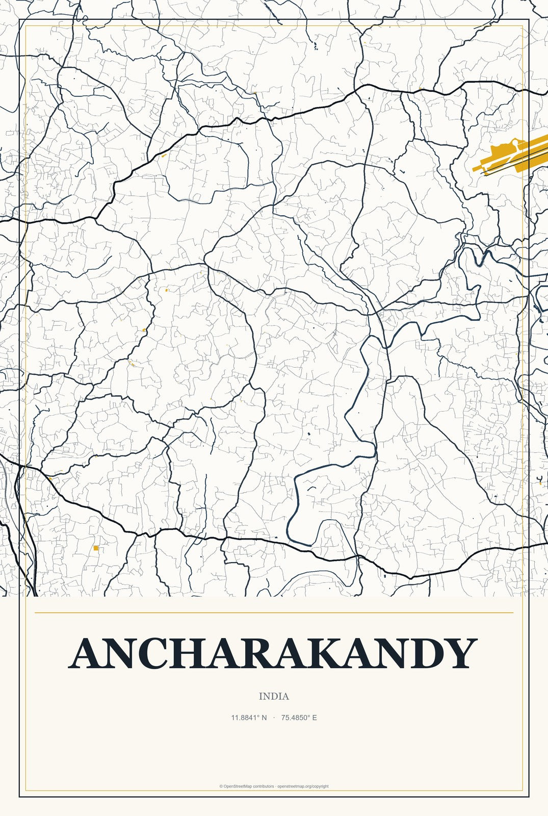 Ancharakandy, India City Map Aluminum Sign in Citrine Modern style