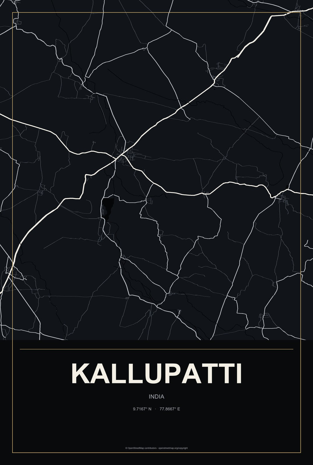 Kallupatti, India City Map Aluminum Sign in Metropolitan Noir style