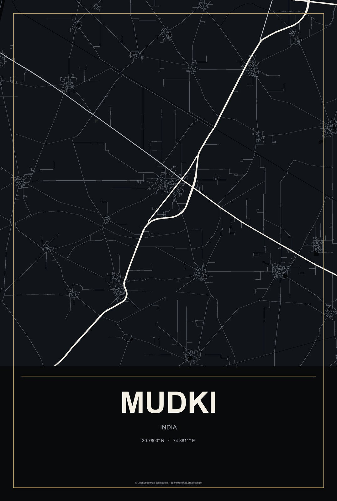 Mudki, India City Map Aluminum Sign in Metropolitan Noir style