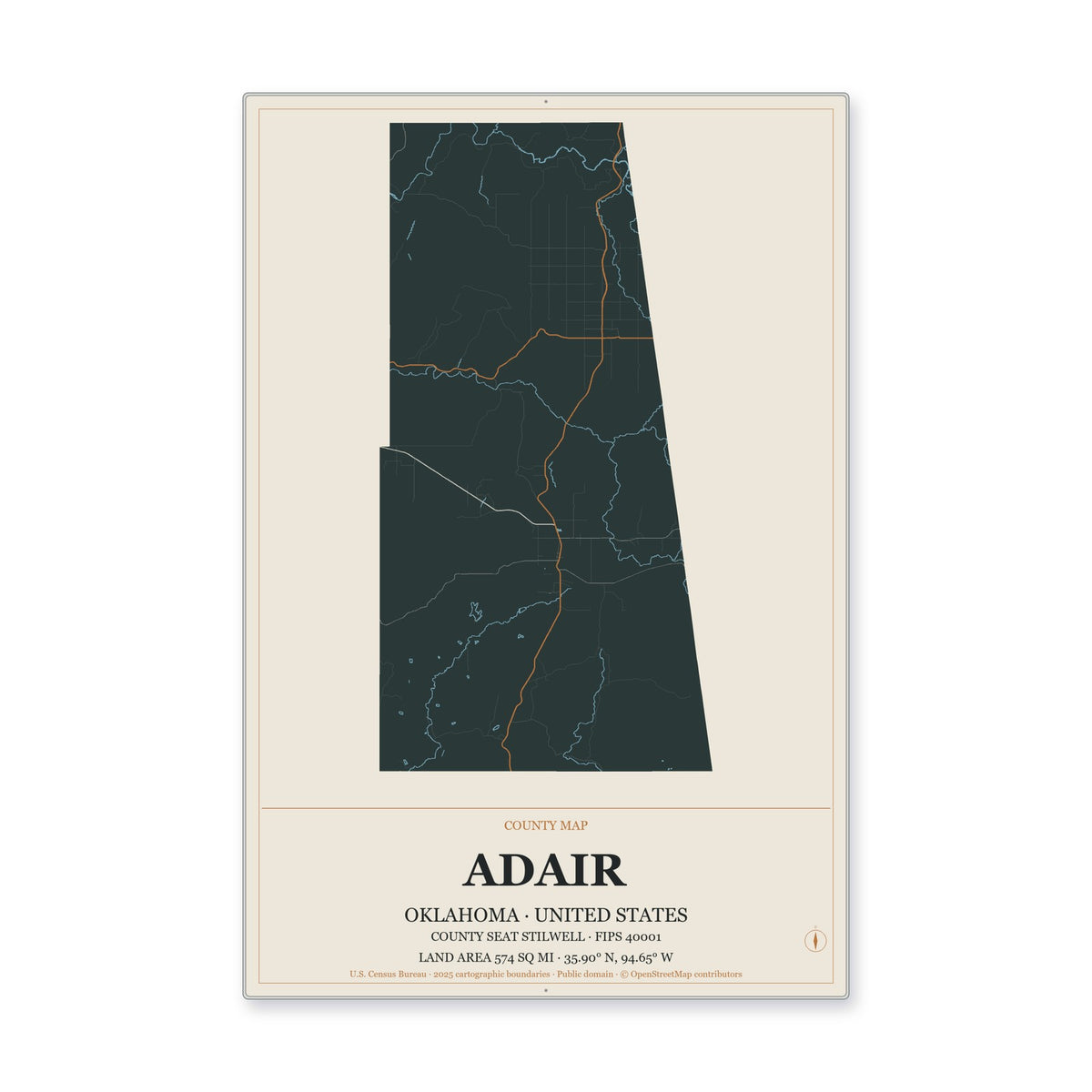 Adair County, Oklahoma Map Aluminum Sign in Headline Atlas style