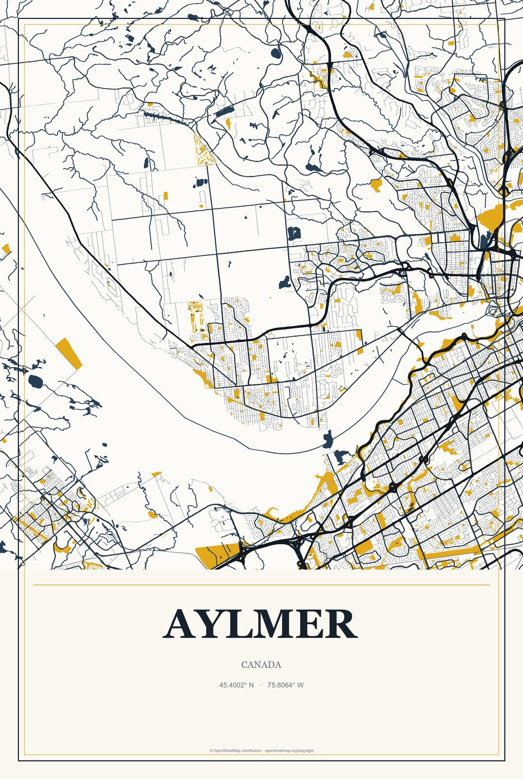 Aylmer, Canada City Map Aluminum Sign in Citrine Modern style
