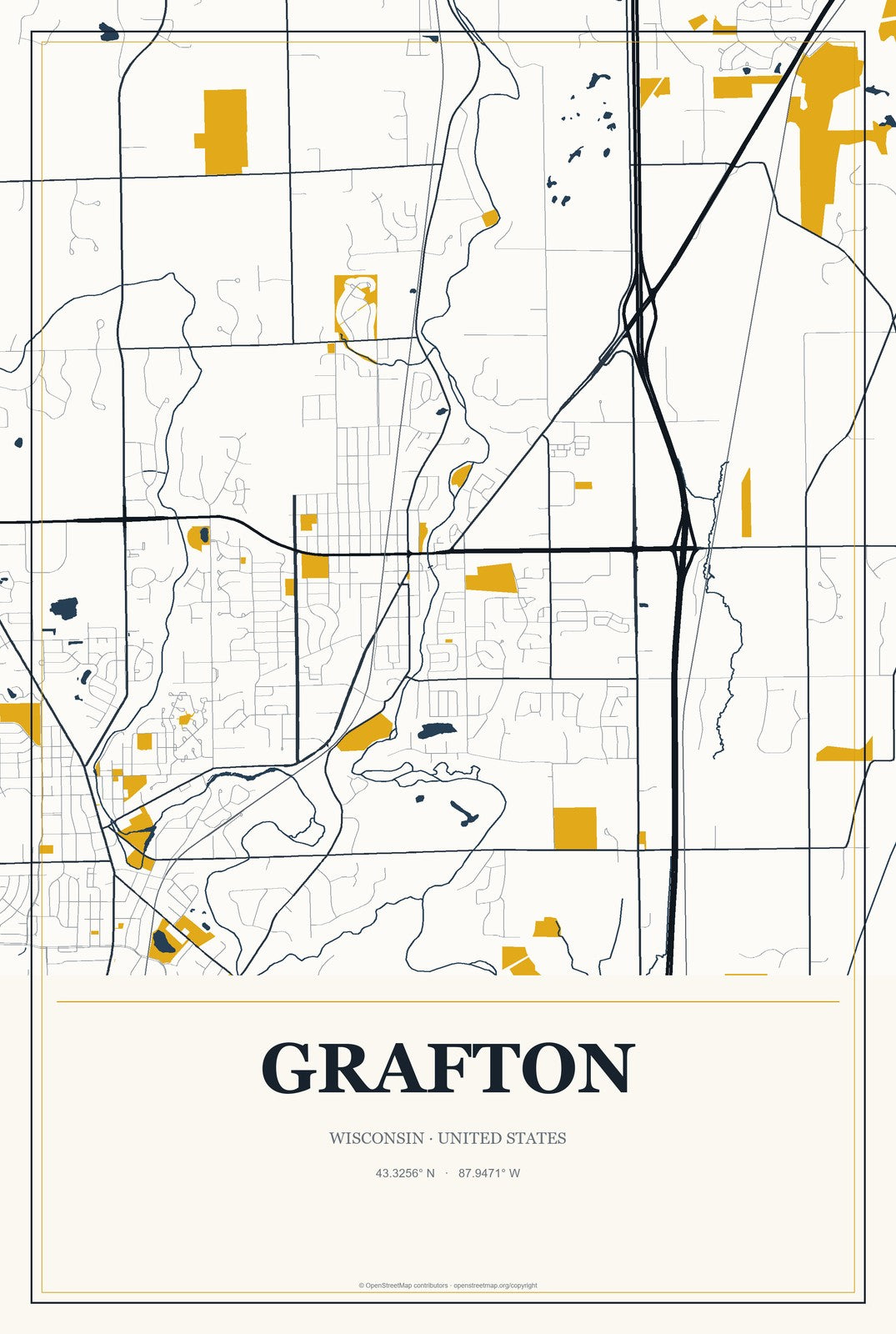 Grafton, Wisconsin City Map Aluminum Sign in Citrine Modern style