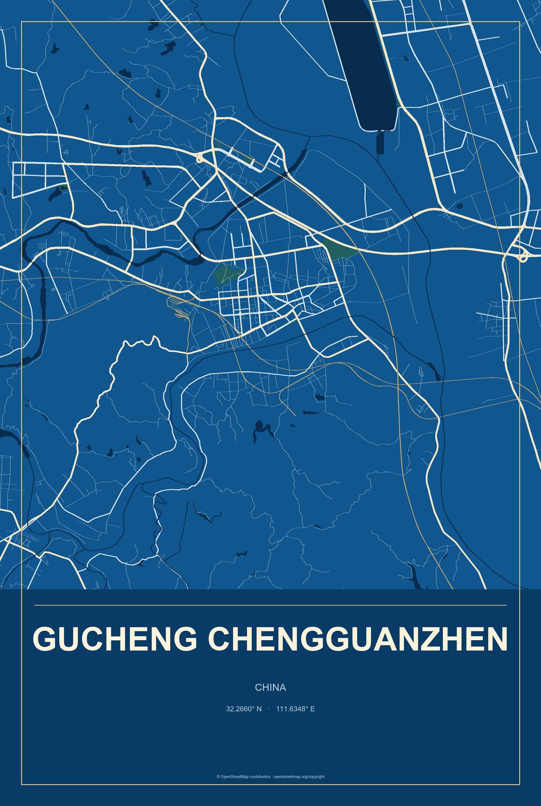 Gucheng Chengguanzhen, China City Map Aluminum Sign in Harbor Cobalt style