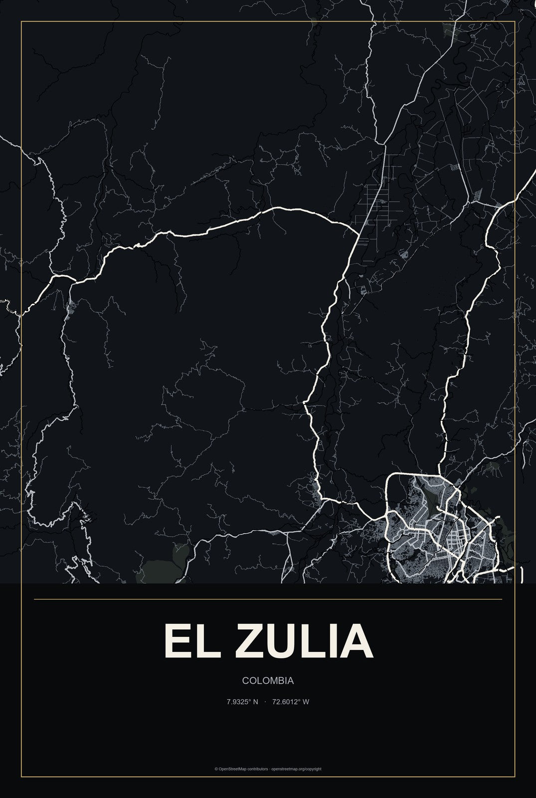 El Zulia, Colombia City Map Aluminum Sign in Metropolitan Noir style