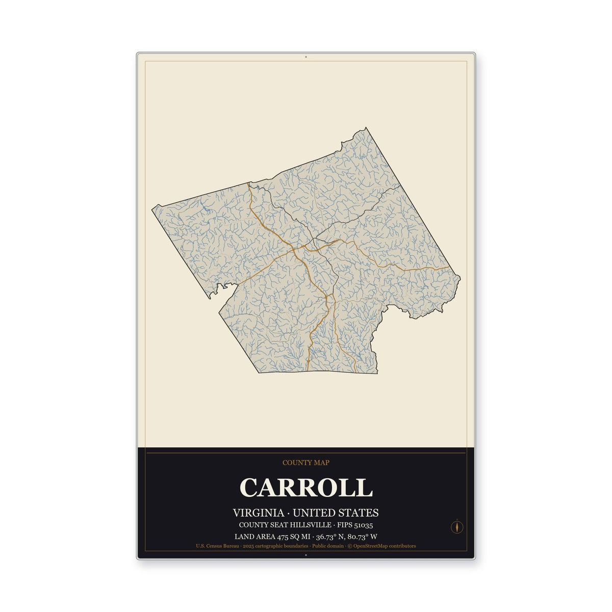 Carroll County, Virginia Map Aluminum Sign in Museum Plaque style