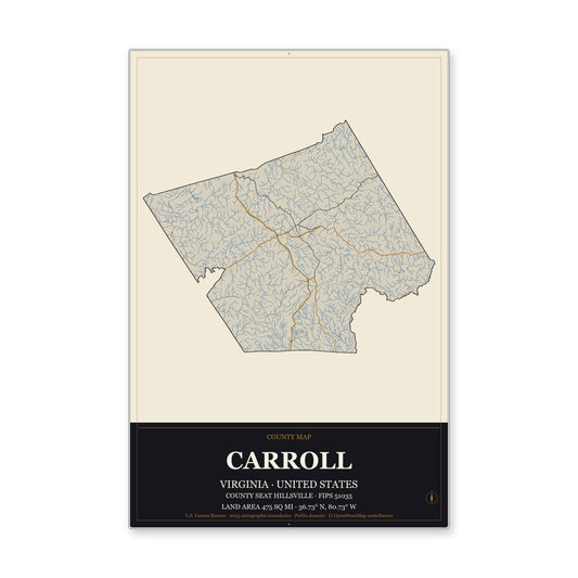 Carroll County, Virginia Map Aluminum Sign in Museum Plaque style