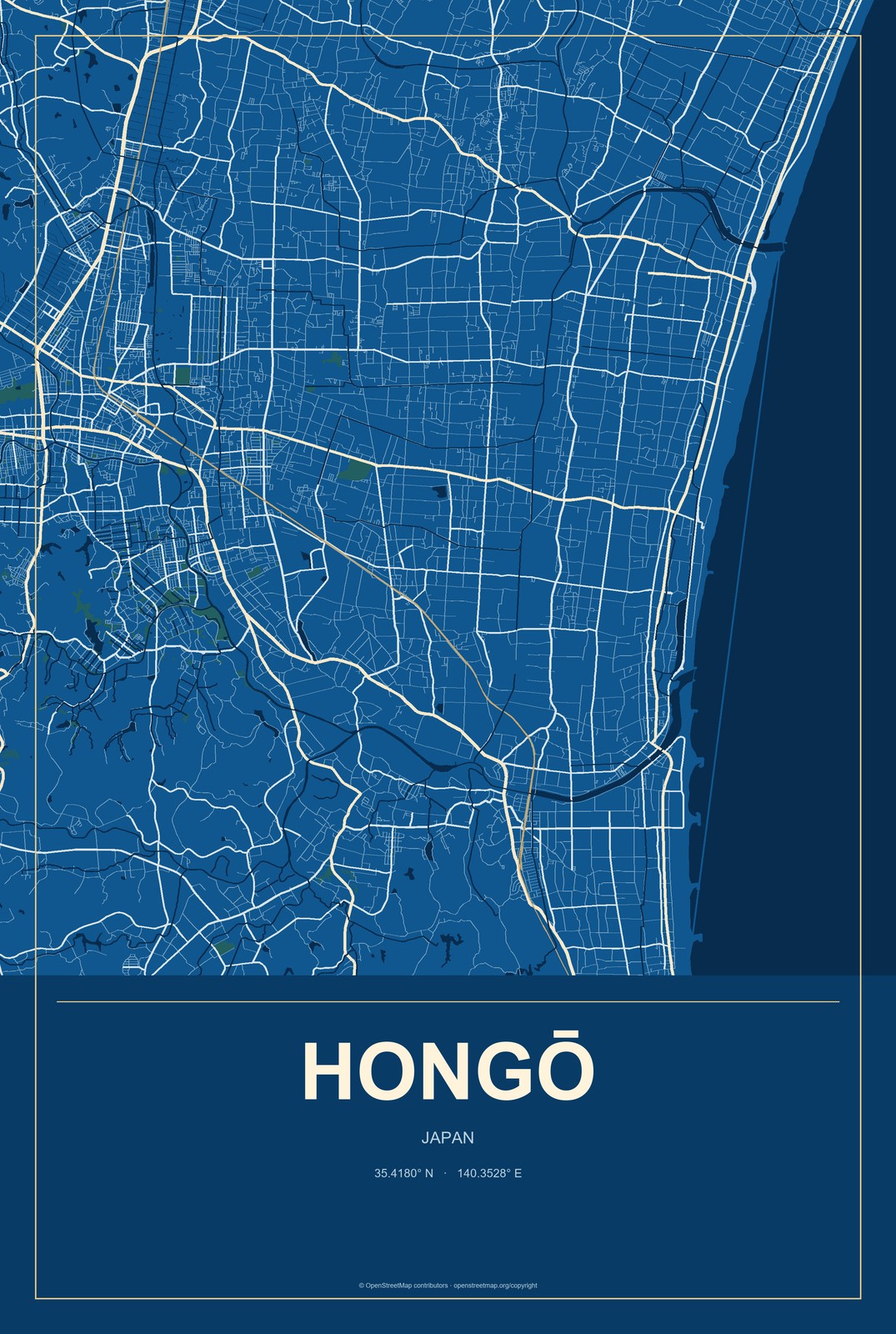 Hongō, Japan City Map Aluminum Sign in Harbor Cobalt style