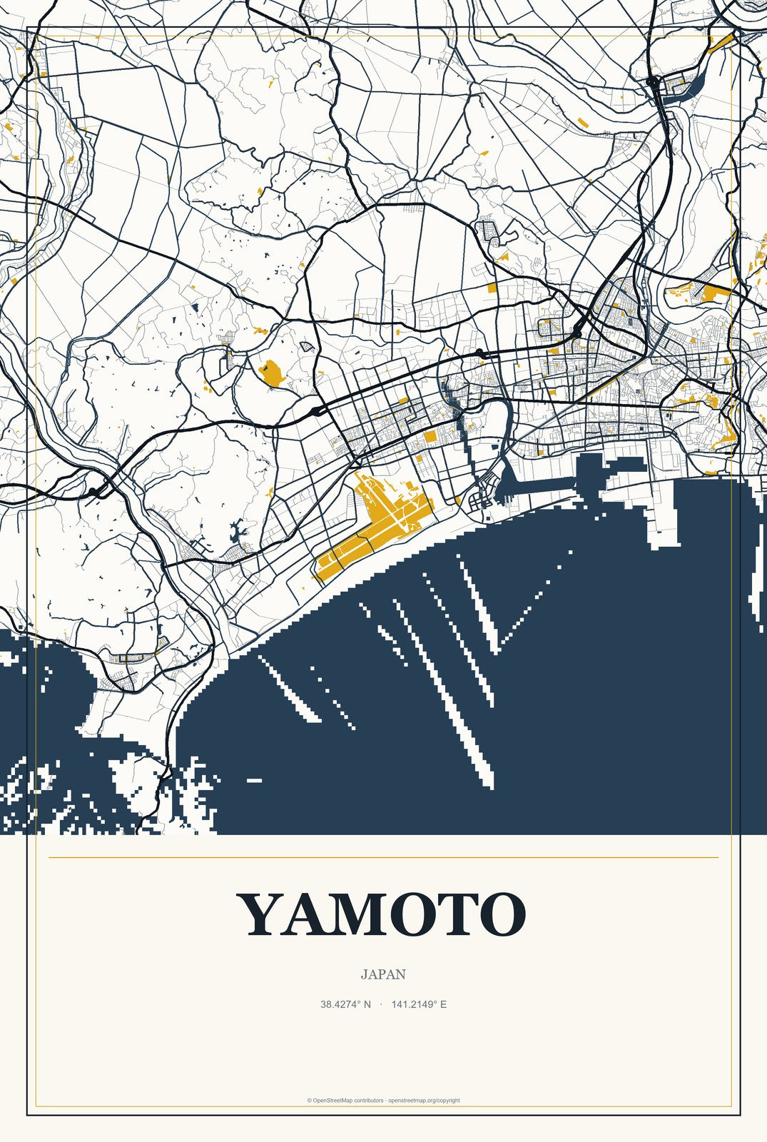 Yamoto, Japan City Map Aluminum Sign in Citrine Modern style