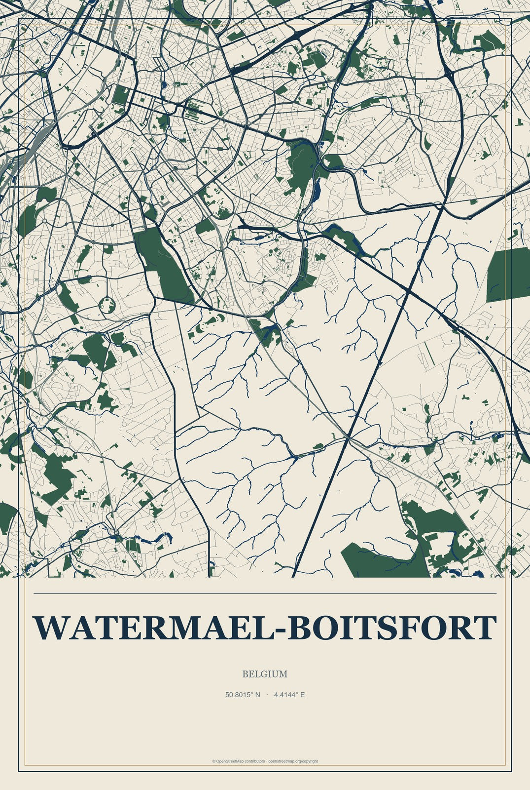 Watermael-Boitsfort, Belgium City Map Aluminum Sign in Coastal Cutout style