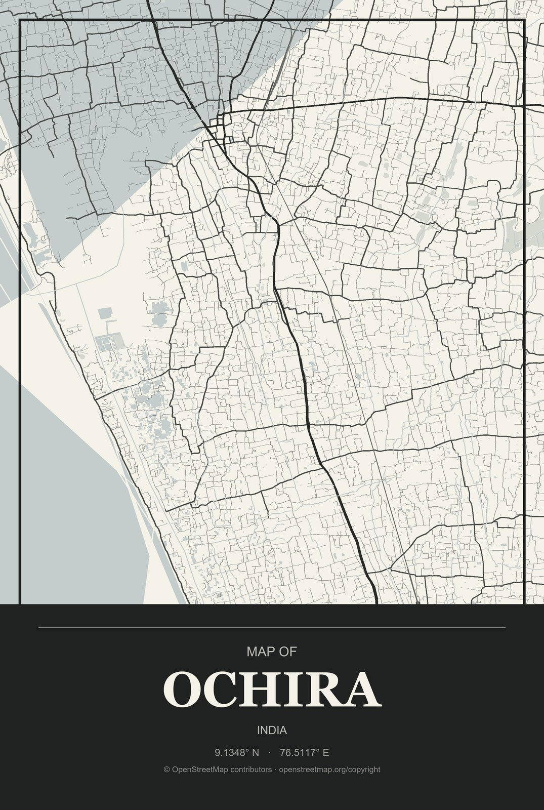Ochira, India City Map Aluminum Sign in Museum Plaque style