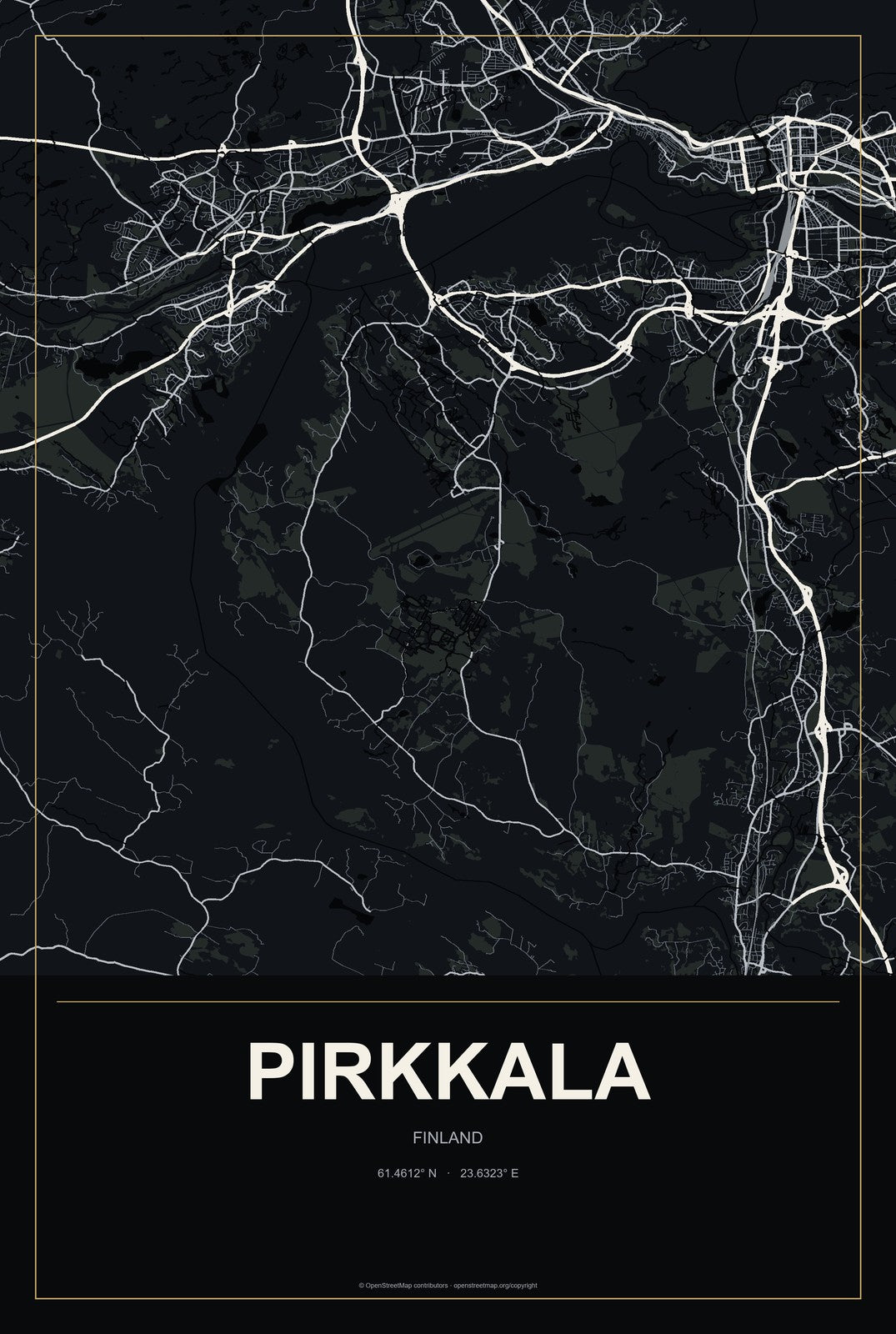 Pirkkala, Finland City Map Aluminum Sign in Metropolitan Noir style