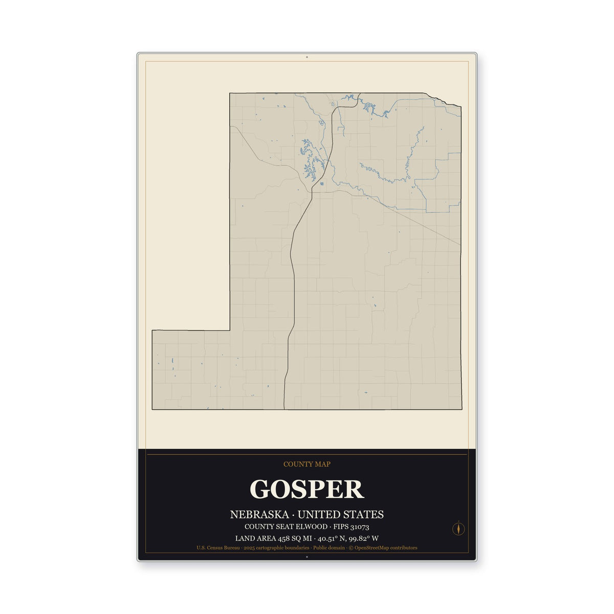 Gosper County, Nebraska Map Aluminum Sign in Museum Plaque style