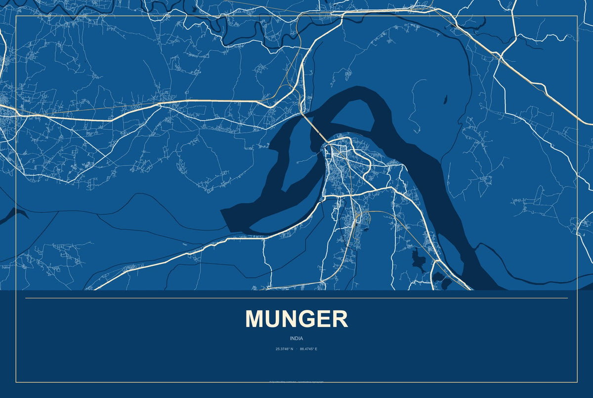 Munger, India City Map Aluminum Sign in Harbor Cobalt style