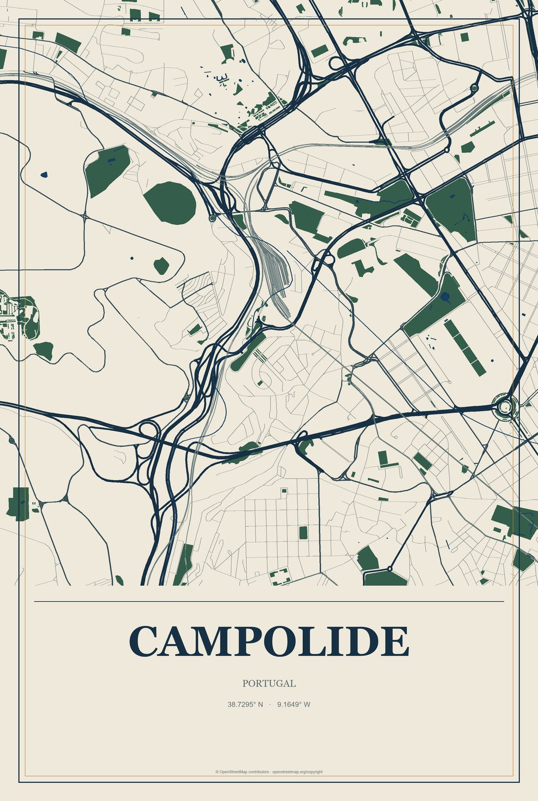 Campolide, Portugal City Map Aluminum Sign in Coastal Cutout style