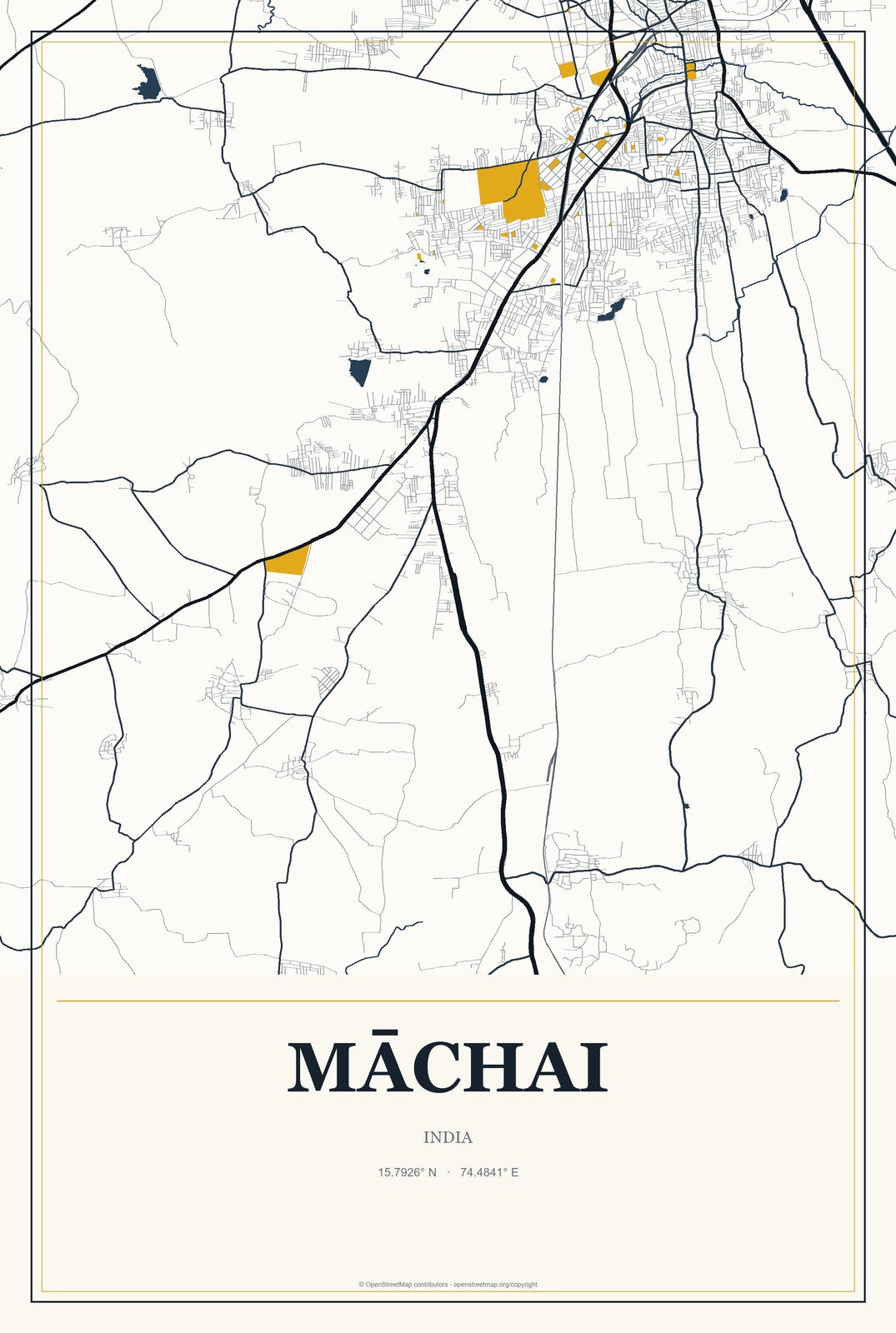 Māchai, India City Map Aluminum Sign in Citrine Modern style
