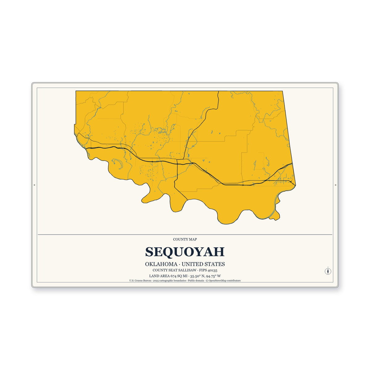 Sequoyah County, Oklahoma Map Aluminum Sign in Citrine Modern style
