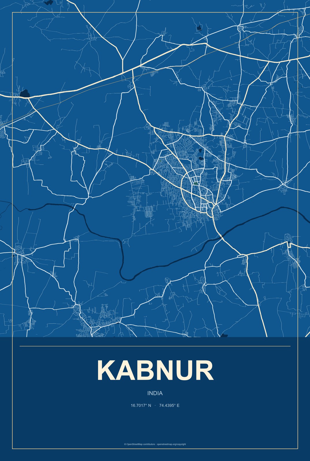 Kabnur, India City Map Aluminum Sign in Harbor Cobalt style