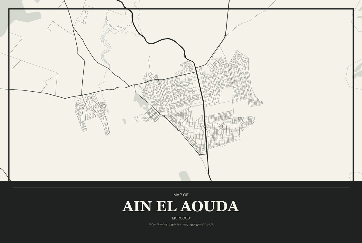 Ain El Aouda, Morocco City Map Aluminum Sign in Museum Plaque style