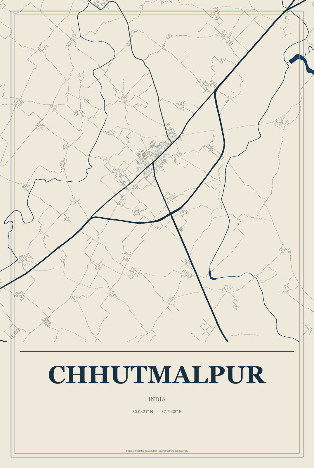 Chhutmalpur, India City Map Aluminum Sign in Coastal Cutout style
