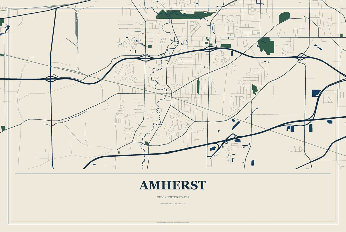 Amherst, Ohio City Map Aluminum Sign in Coastal Cutout style