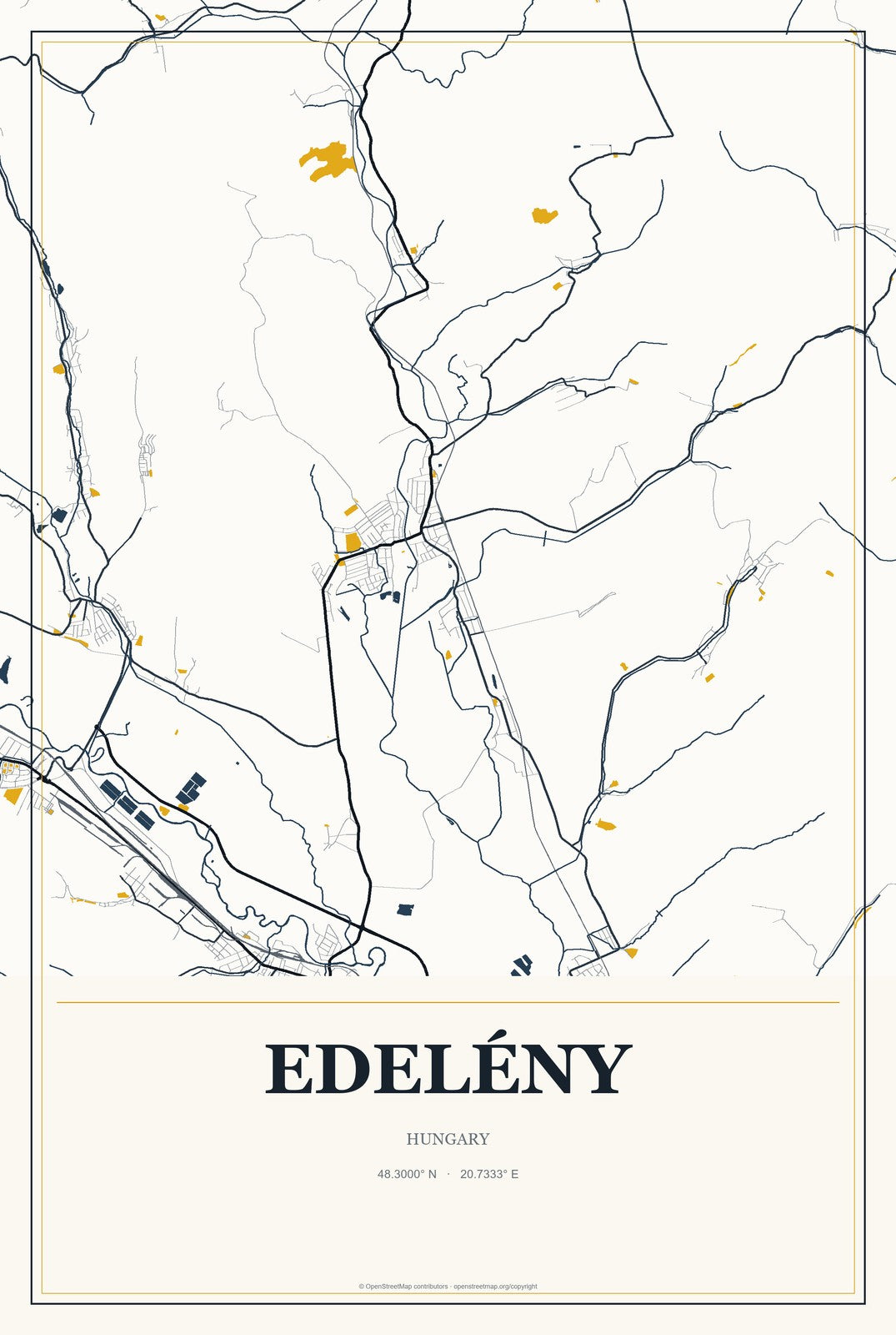 Edelény, Hungary City Map Aluminum Sign in Citrine Modern style