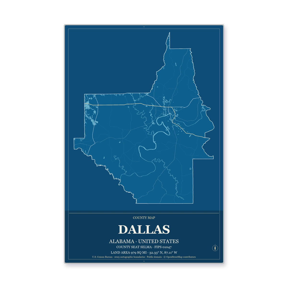 Dallas County, Alabama Map Aluminum Sign in Harbor Cobalt style