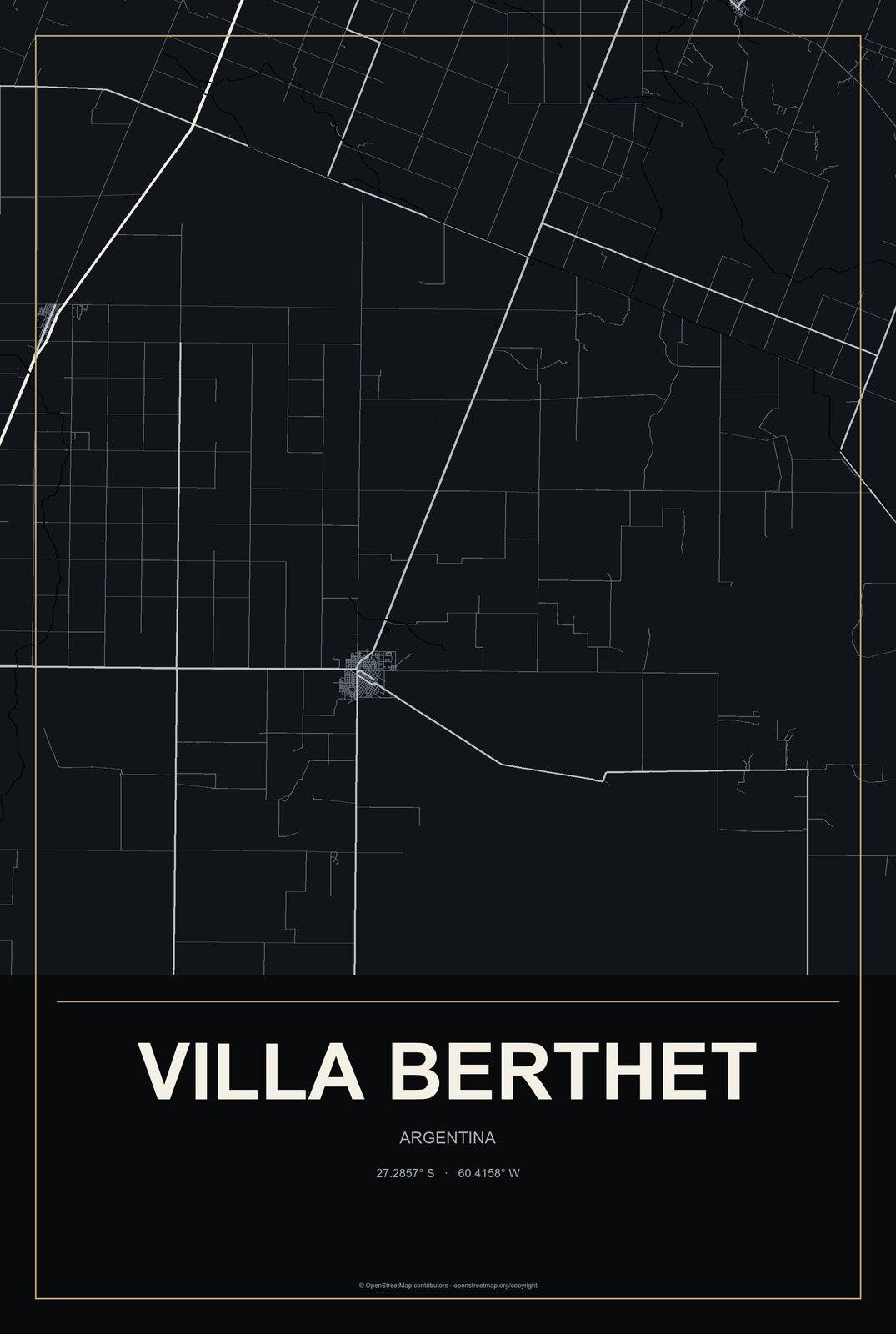Villa Berthet, Argentina City Map Aluminum Sign in Metropolitan Noir style