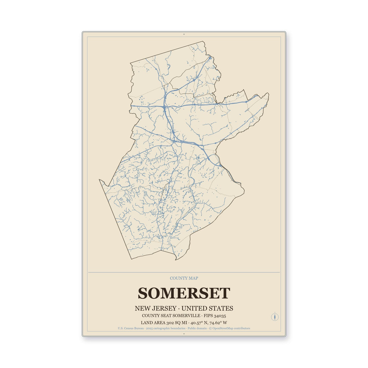 Somerset County, New Jersey Map Aluminum Sign in Heritage Nautical style