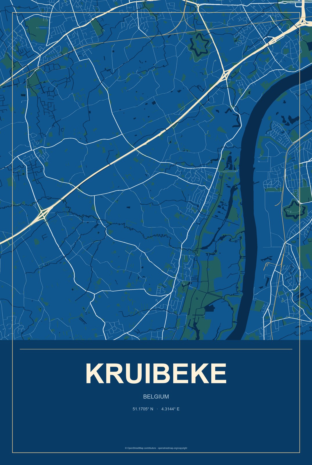 Kruibeke, Belgium City Map Aluminum Sign in Harbor Cobalt style