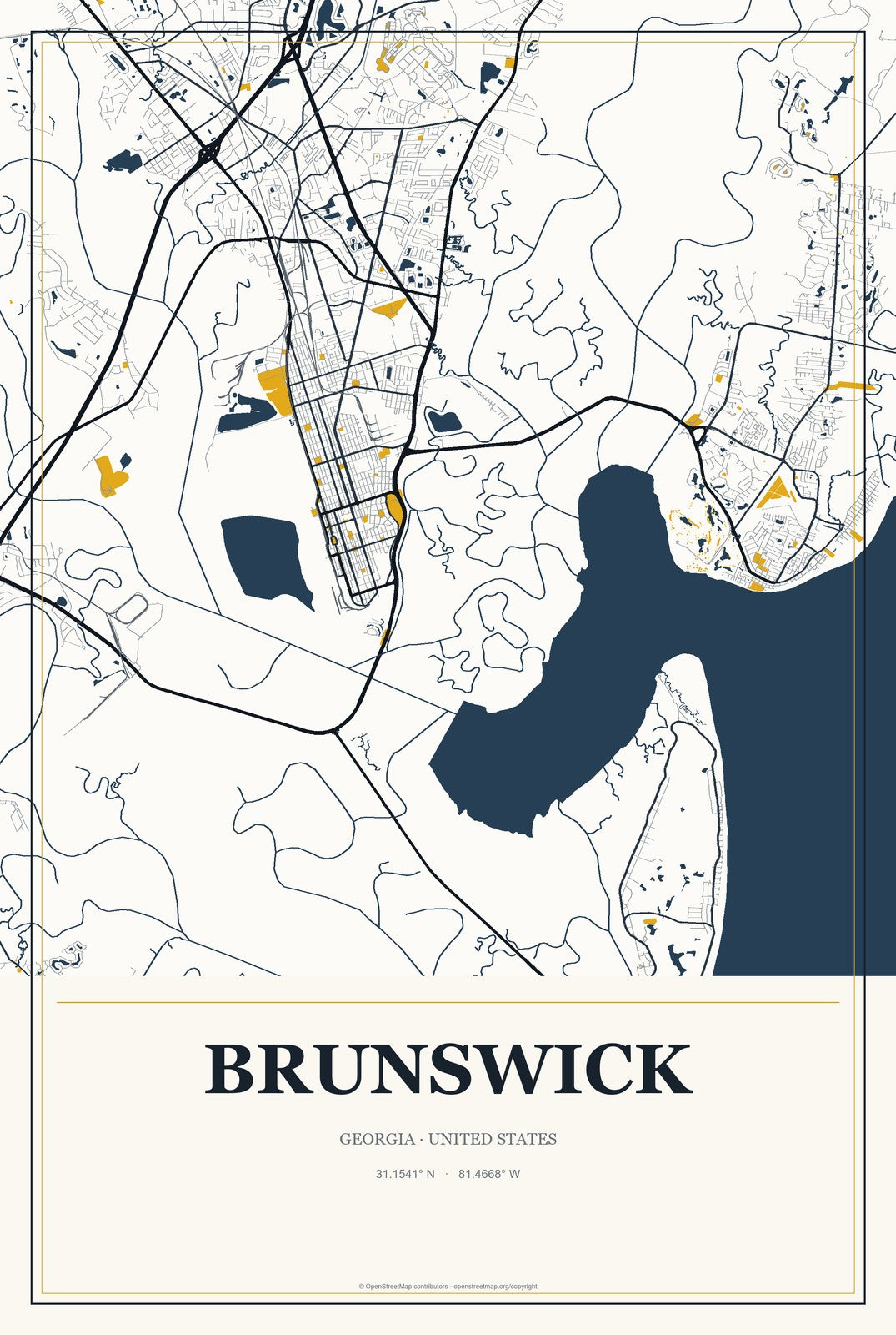 Brunswick, Georgia City Map Aluminum Sign in Citrine Modern style