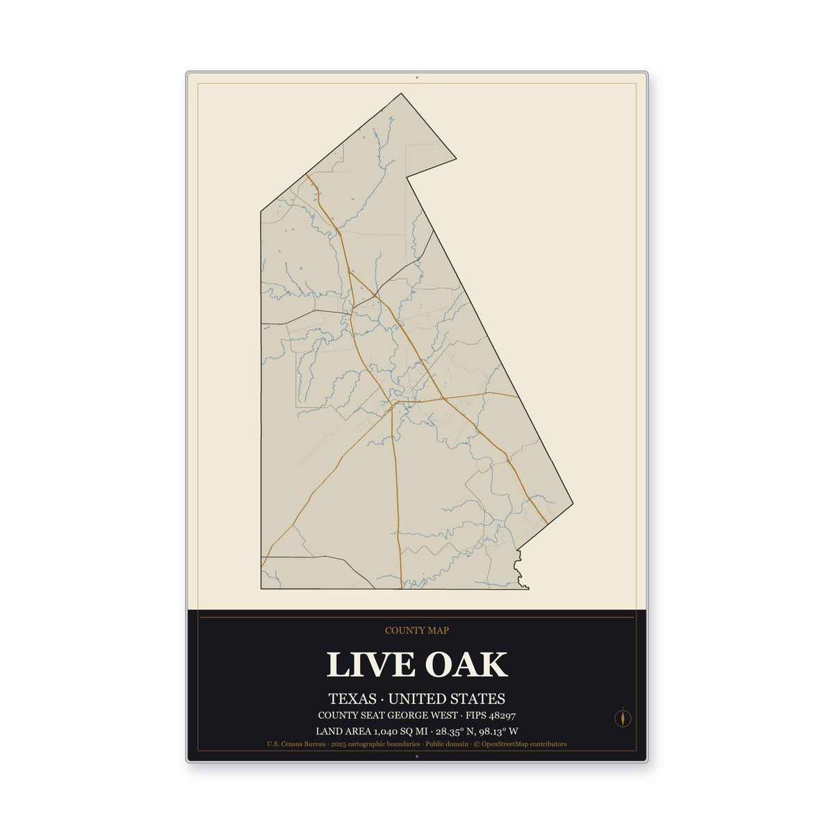 Live Oak County, Texas Map Aluminum Sign in Museum Plaque style