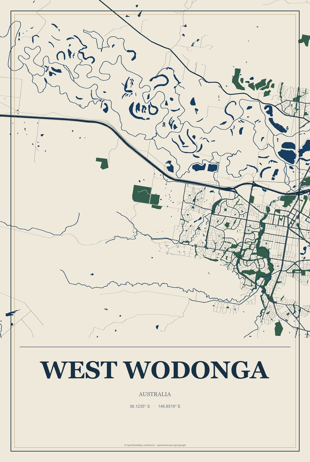 West Wodonga, Australia City Map Aluminum Sign in Coastal Cutout style