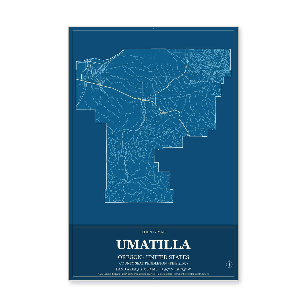 Umatilla County, Oregon Map Aluminum Sign in Harbor Cobalt style