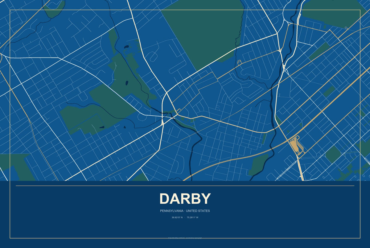 Darby, Pennsylvania City Map Aluminum Sign in Harbor Cobalt style