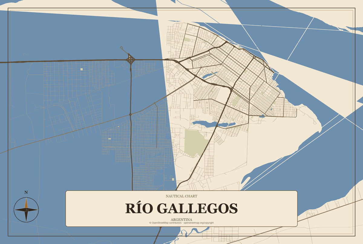 Río Gallegos, Argentina City Map Aluminum Sign in Heritage Nautical style
