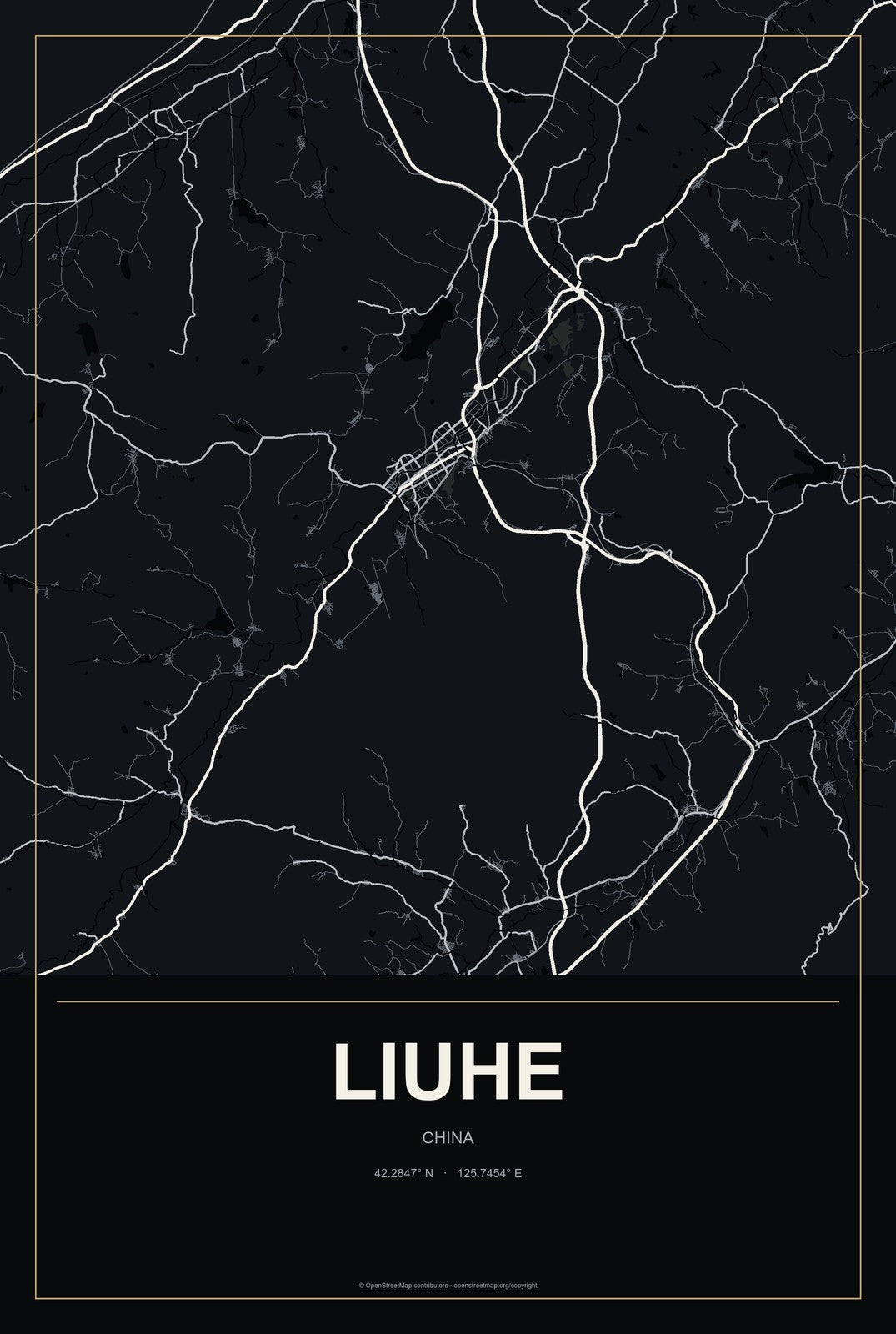 Liuhe, China City Map Aluminum Sign in Metropolitan Noir style