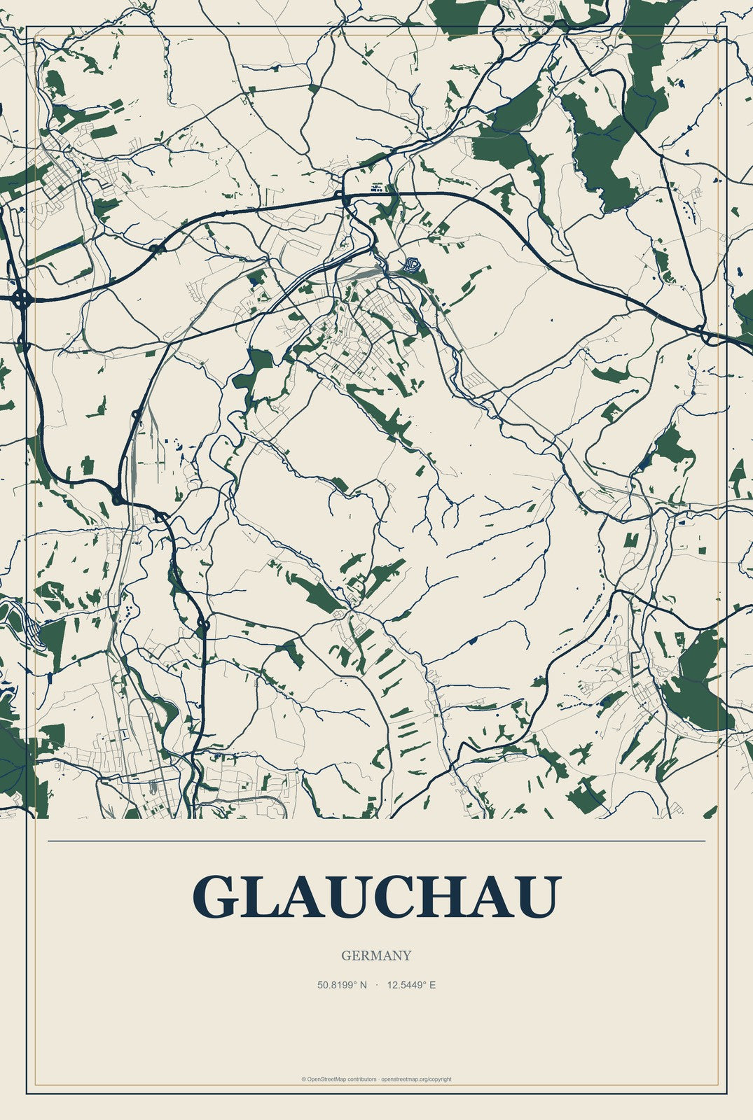 Glauchau, Germany City Map Aluminum Sign in Coastal Cutout style