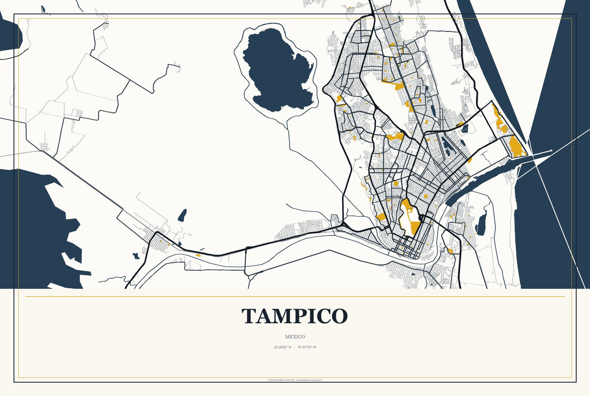 Tampico, Mexico City Map Aluminum Sign in Citrine Modern style