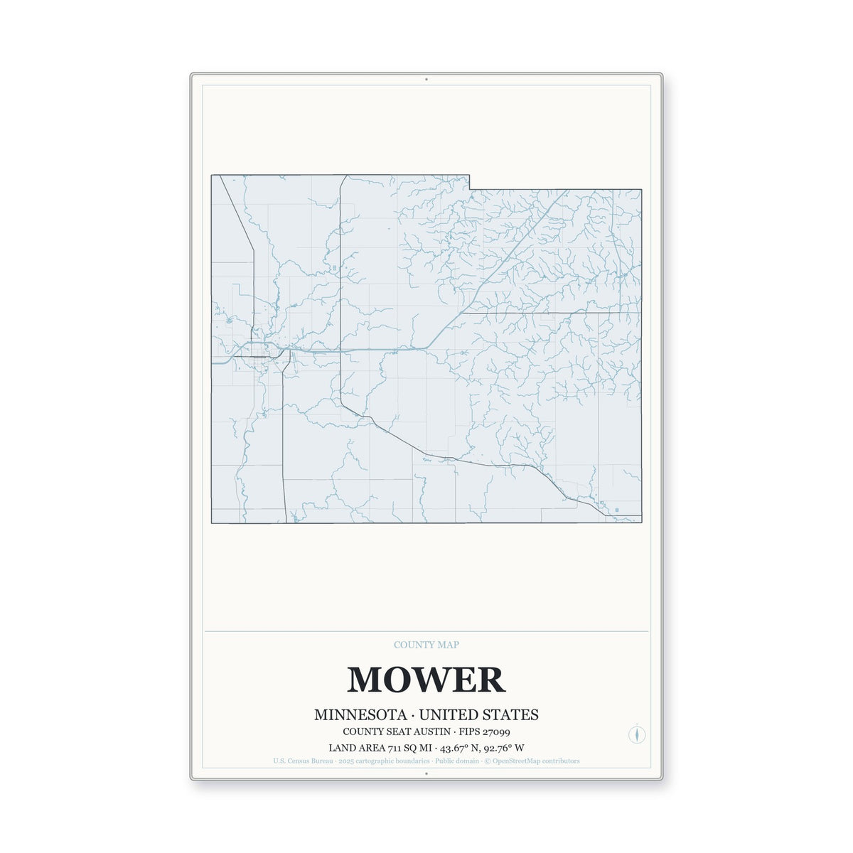 Mower County, Minnesota Map Aluminum Sign in Gallery Air style