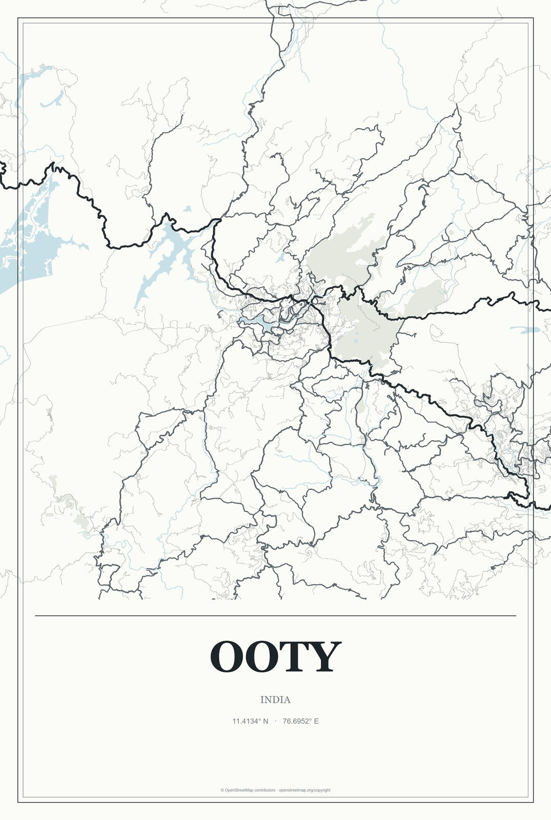 Ooty, India City Map Aluminum Sign in Gallery Air style