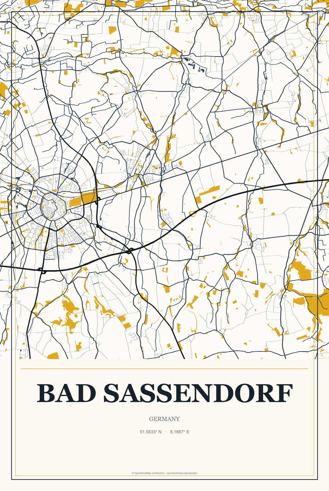 Bad Sassendorf, Germany City Map Aluminum Sign in Citrine Modern style
