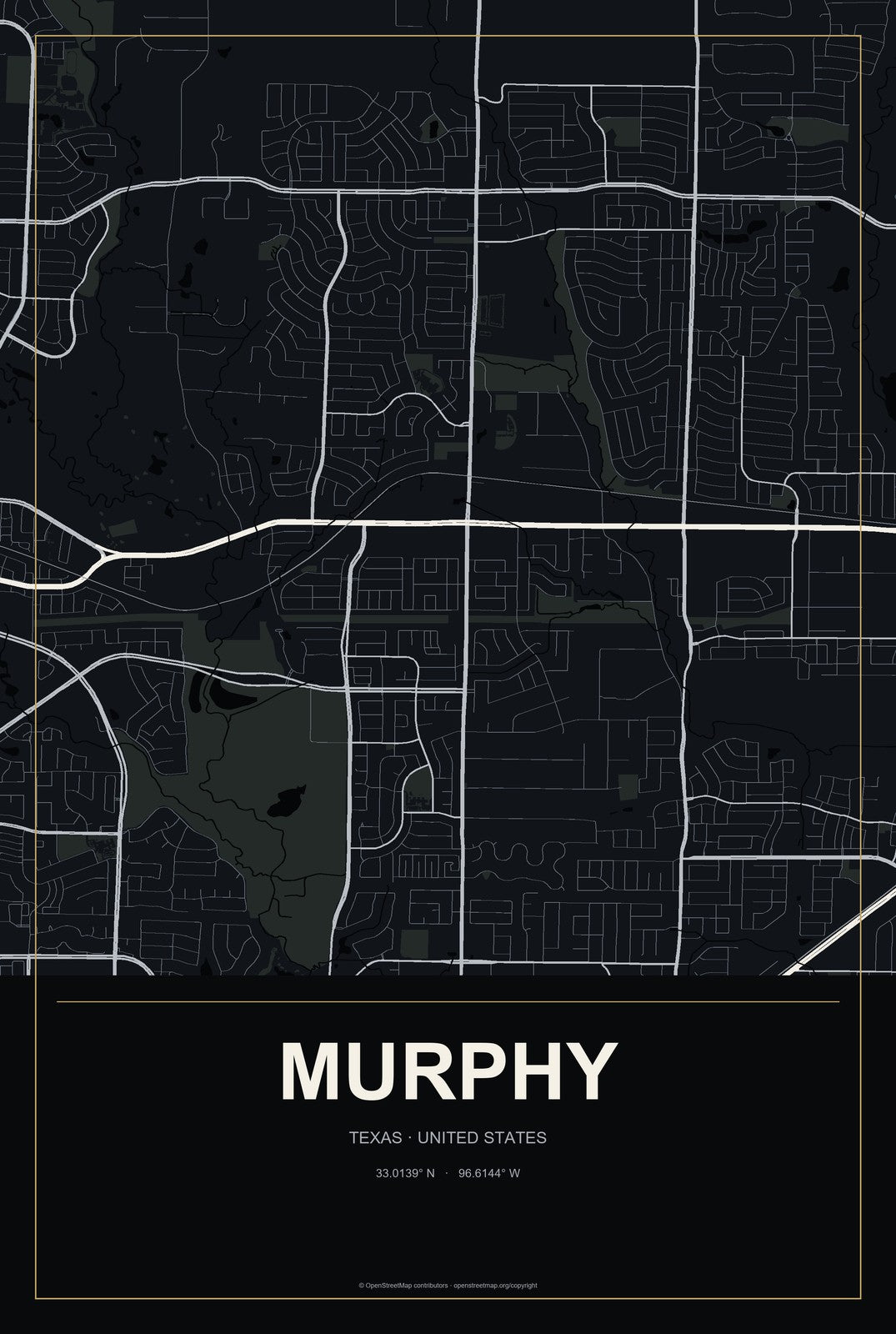 Murphy, Texas City Map Aluminum Sign in Metropolitan Noir style