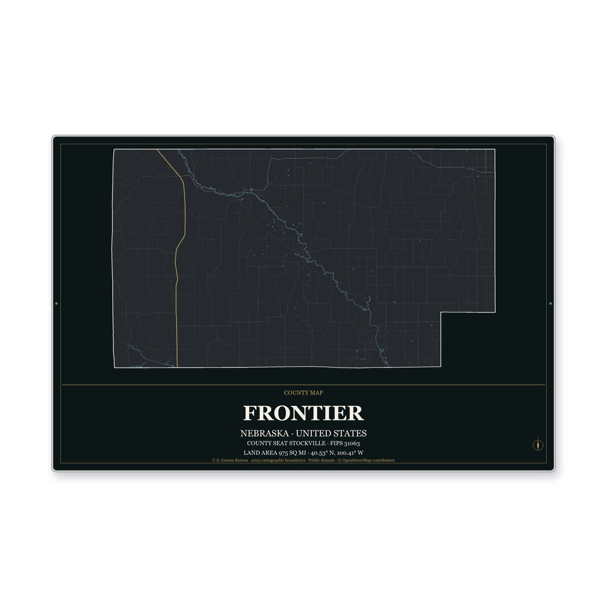 Frontier County, Nebraska Map Aluminum Sign in Metropolitan Noir style