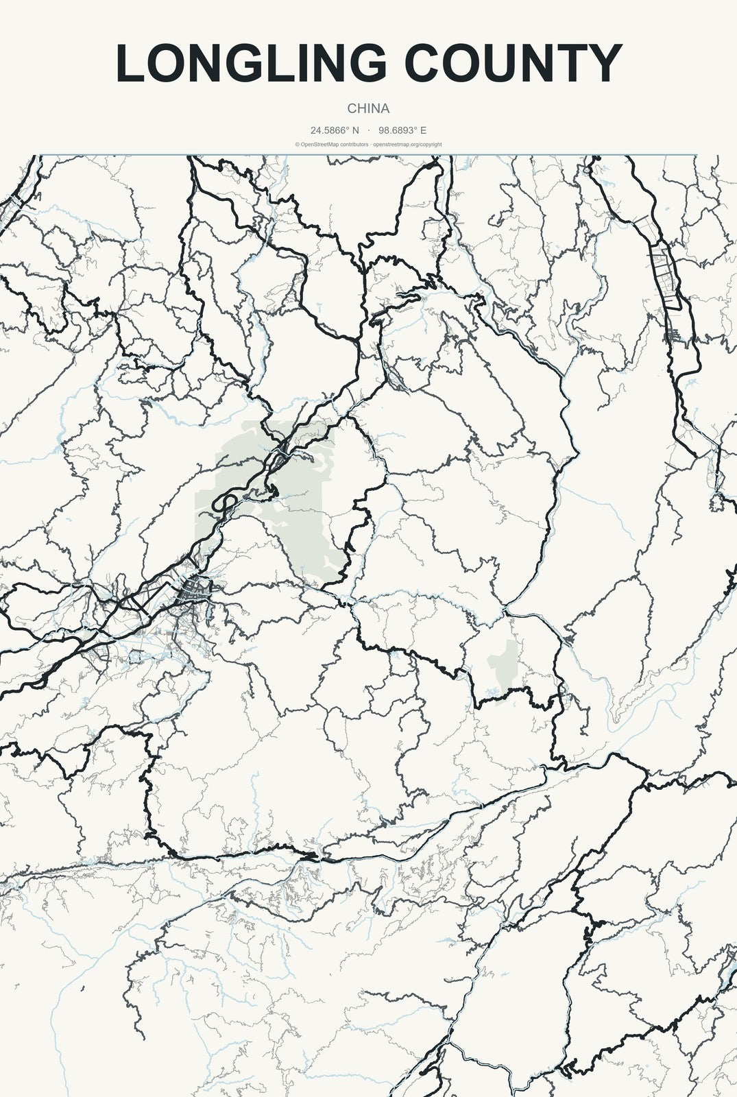 Longling County, China City Map Aluminum Sign in Headline Atlas style