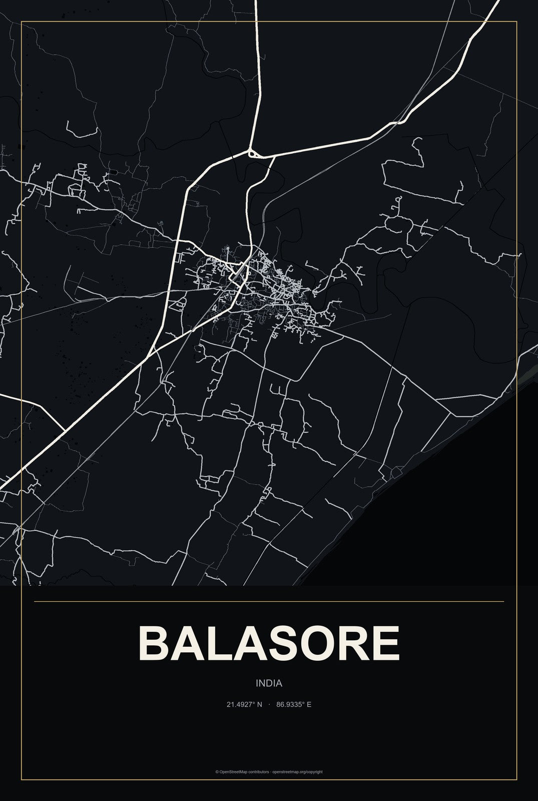 Balasore, India City Map Aluminum Sign in Metropolitan Noir style
