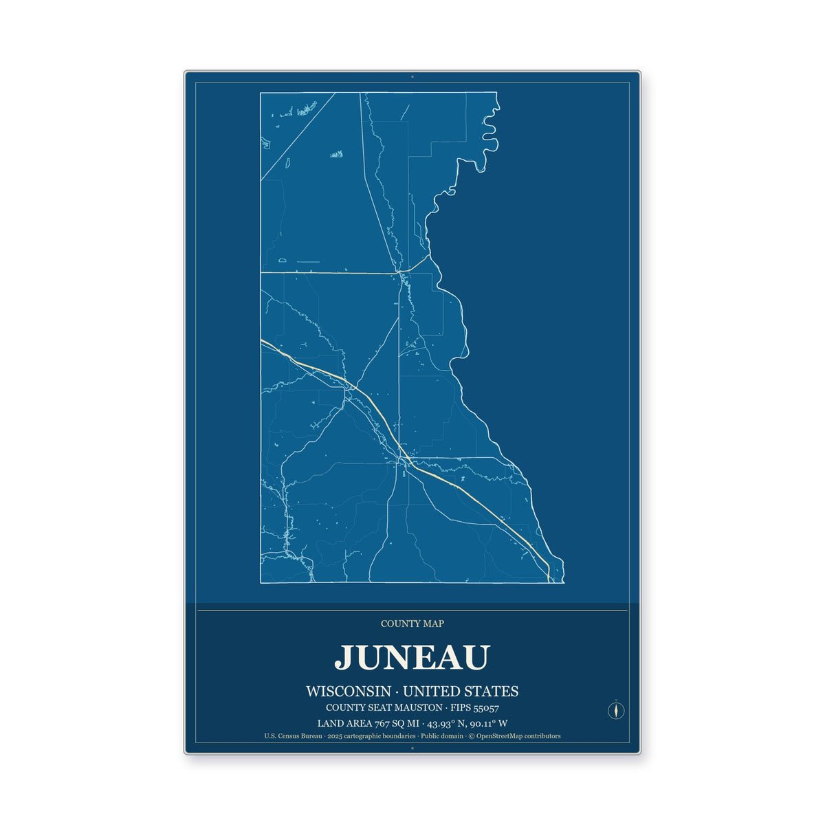 Juneau County, Wisconsin Map Aluminum Sign in Harbor Cobalt style