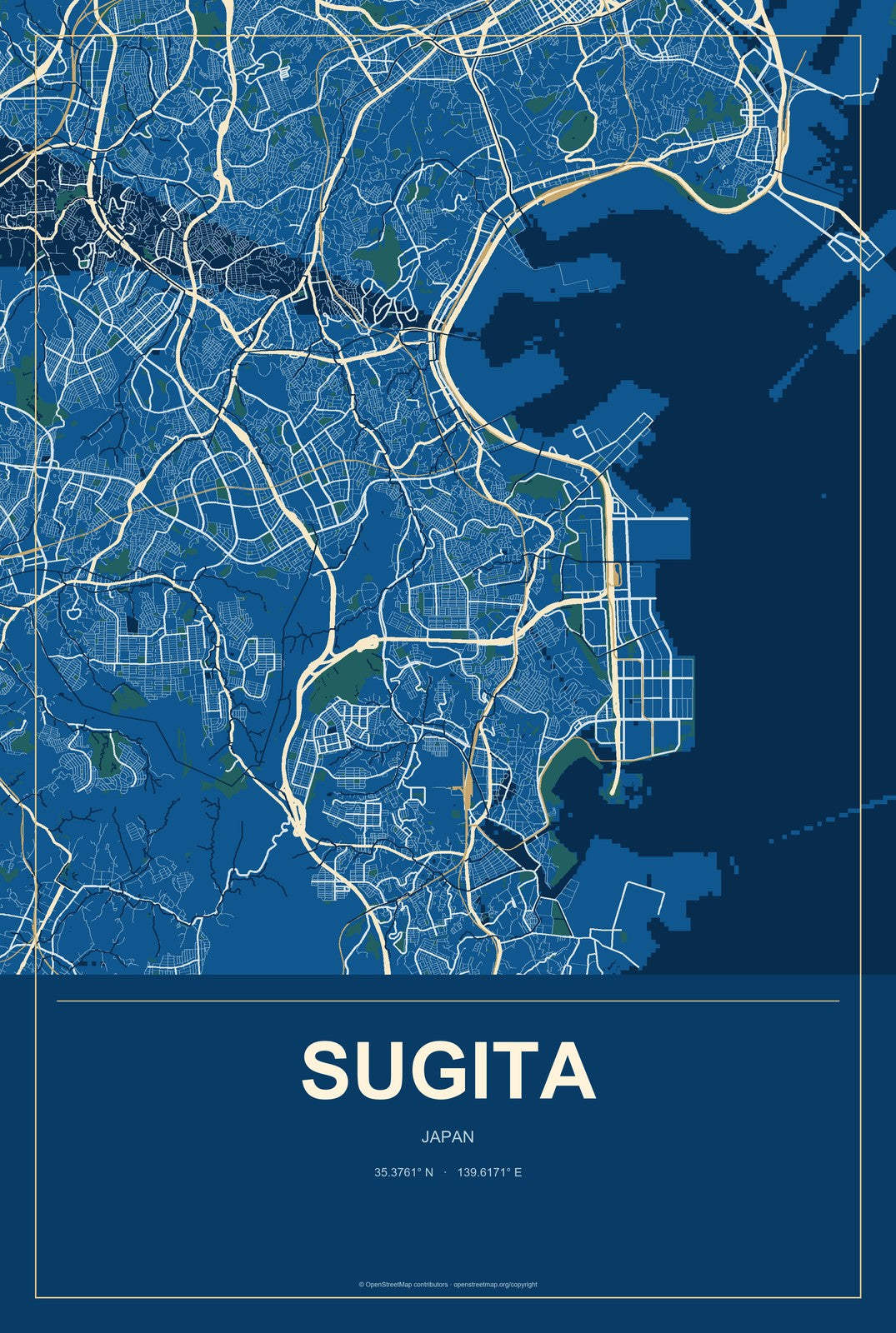 Sugita, Japan City Map Aluminum Sign in Harbor Cobalt style